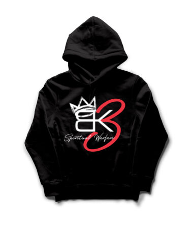 Black hoodie featuring the bold “BK3 Spiritual Warfare” logo with red accents and a crown design.