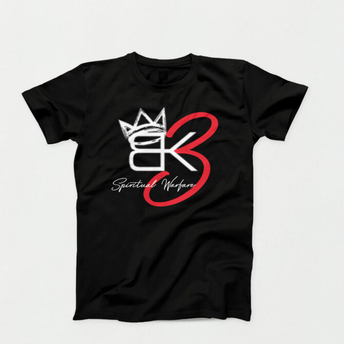 Black t-shirt featuring the bold “BK3 Spiritual Warfare” logo with red accents and a crown design.