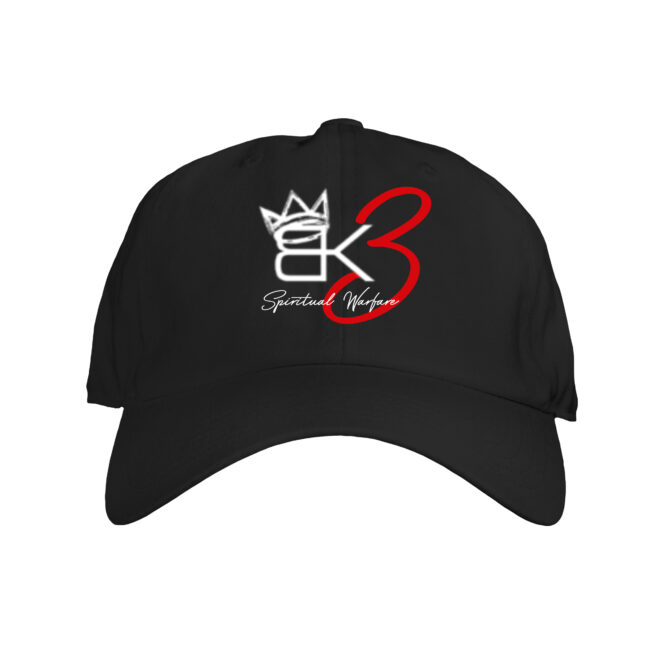 Black dad hat featuring the bold “BK3 Spiritual Warfare” logo in white and red with a crown design on the front.