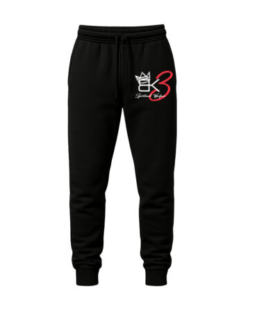 Black joggers with the bold “BK3 Spiritual Warfare” logo in white and red, featuring a crown design.