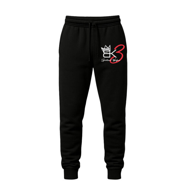 Black joggers with the bold “BK3 Spiritual Warfare” logo in white and red, featuring a crown design.