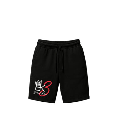 Black shorts with the bold “BK3 Spiritual Warfare” logo in white and red, complemented by a crown design.