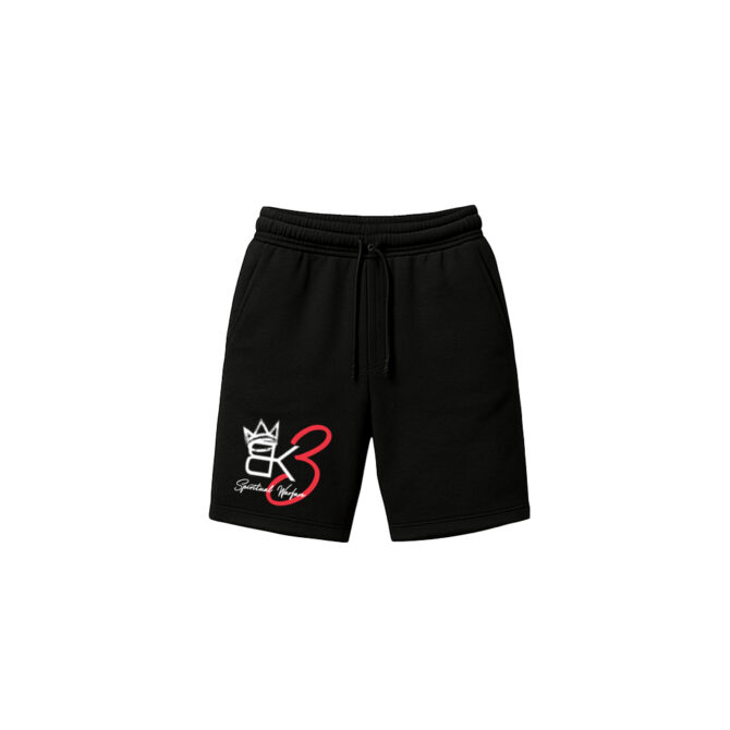 Black shorts with the bold “BK3 Spiritual Warfare” logo in white and red, complemented by a crown design.