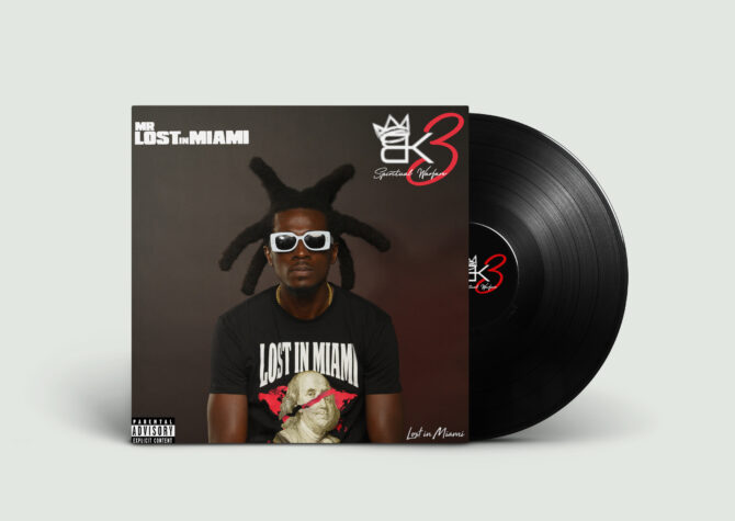 Vinyl record of "Black Kingz 3: Spiritual Warfare" by Mr. Lost in Miami, featuring album cover with the artist in sunglasses, bold BK3 logo with a crown motif, and Lost in Miami branding.