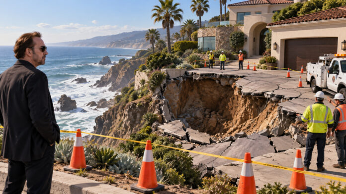 Painted editorial scene of a collapsed Malibu driveway, coastal cliffs, utility crews and an evacuation perimeter.