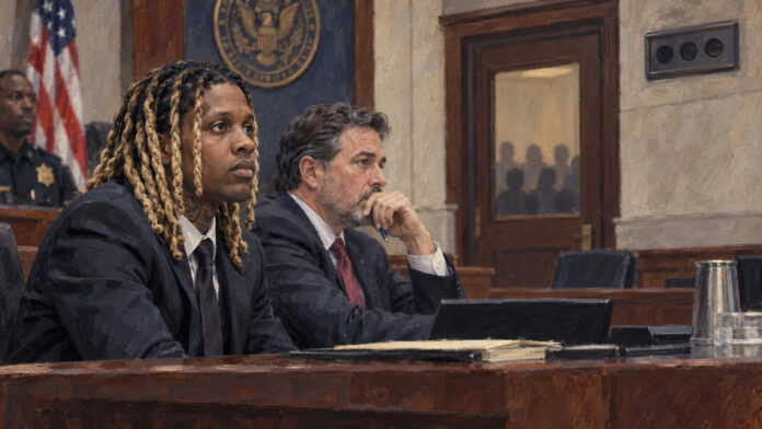 Painted editorial illustration of Lil Durk seated with defense counsel in a Los Angeles federal courtroom while a jury decision remains pending.