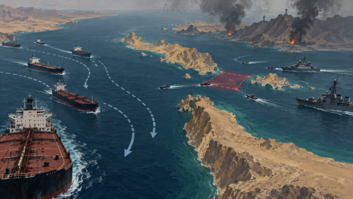 Restrained editorial illustration of merchant tankers diverting through the Strait of Hormuz as military vessels and smoke appear in the distance.