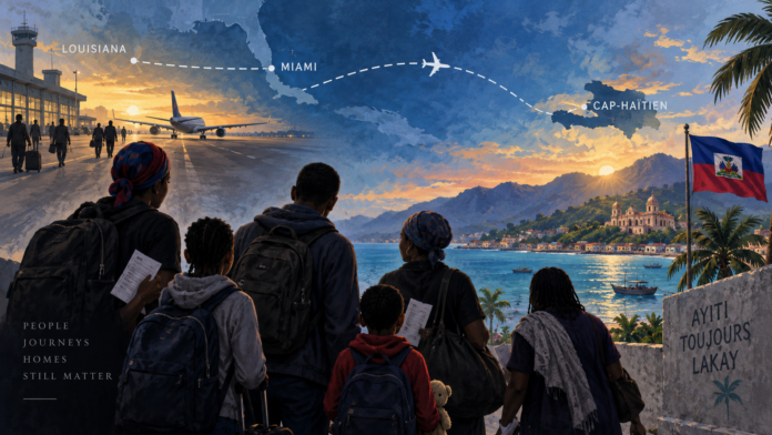 Respectful painted illustration of anonymous Haitian families along an air route connecting Louisiana, Miami and Cap-Haïtien.
