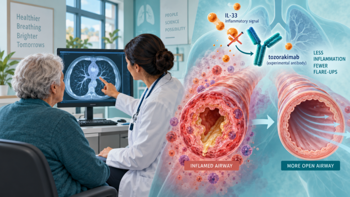 Medical illustration of a clinician and COPD patient beside an airway diagram showing an experimental antibody blocking IL-33 inflammation.