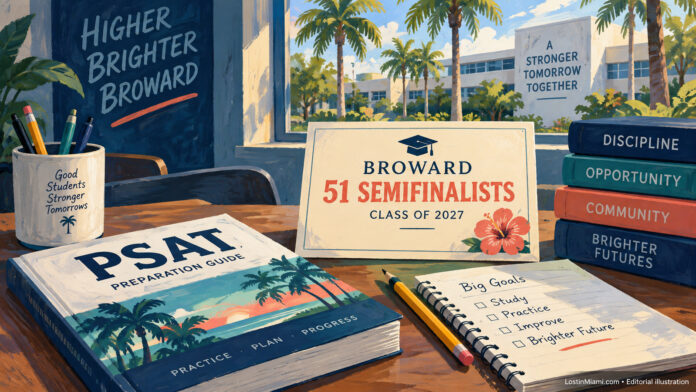 Painted study desk with a PSAT booklet and a card honoring Broward’s 51 National Merit semifinalists.