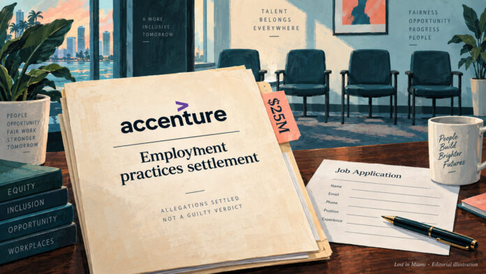 Painted Accenture employment-practices dossier with a $25 million tab, job application and empty office chairs.
