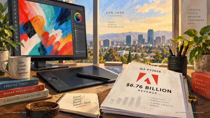 Painted creative workstation beside an Adobe Q3 FY2026 report displaying $6.76 billion in revenue.