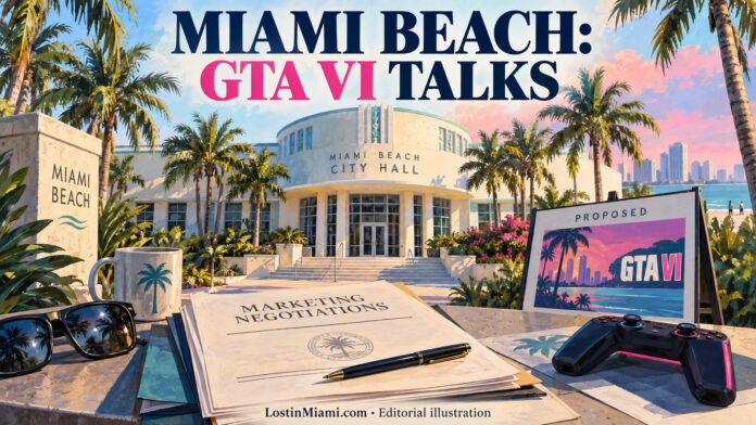 Symbolic Miami Beach council agenda beside a controller and a campaign board clearly marked proposed.