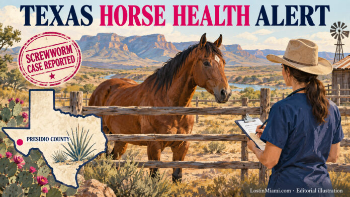 Sober painted illustration of an anonymous horse and veterinarian in West Texas beside a Presidio County locator map.
