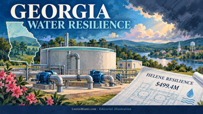 Illustrated Georgia outline, municipal water-treatment equipment and a plan marked Helene resilience and $499.4 million.