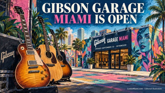 Painted guitars beside an interpretive Gibson Garage storefront in a colorful Wynwood streetscape.