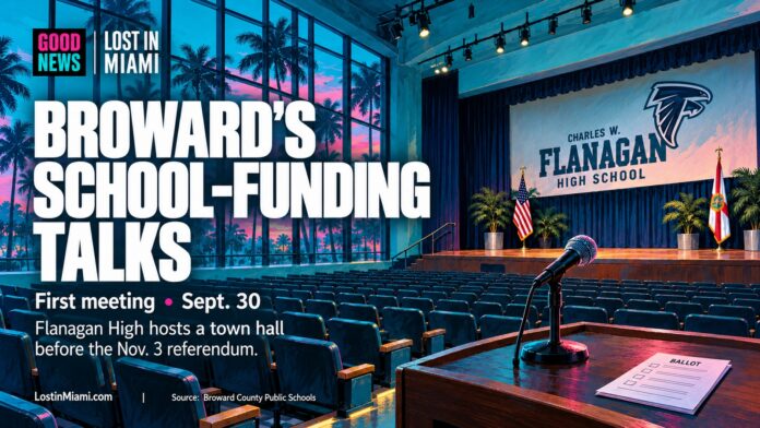 Conceptual illustration of a high-school auditorium with a microphone and symbolic ballot, representing the upcoming public town hall.