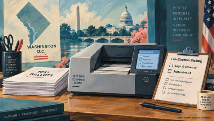 Painted illustration of a test-ballot scanner, Washington D.C. outline and an equipment-check checklist.