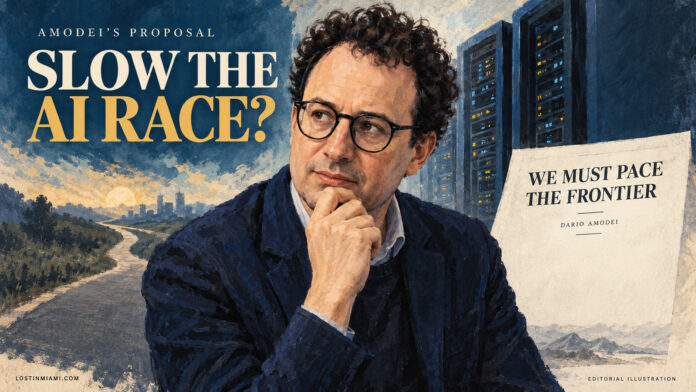 Painted editorial portrait of Dario Amodei beside server racks and the title of his AI-pacing essay.