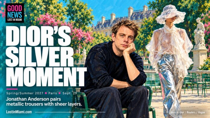 Painted editorial portrait of Jonathan Anderson beside a styling composition with silver trousers and a sheer white blouse.