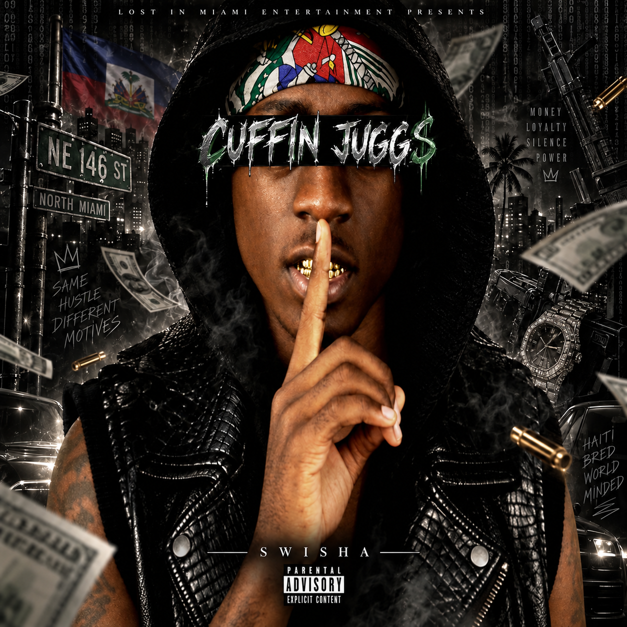 Cuffin Jugg$ re-release album cover with hooded portrait and North Miami street sign