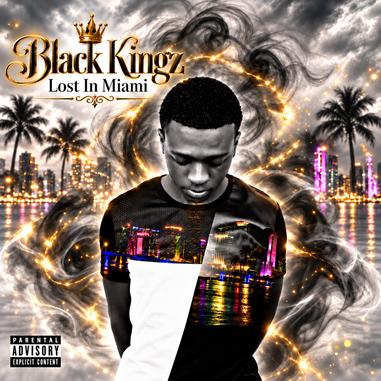 Black Kingz re-release album cover: black-and-white portrait, gold title and Miami skyline
