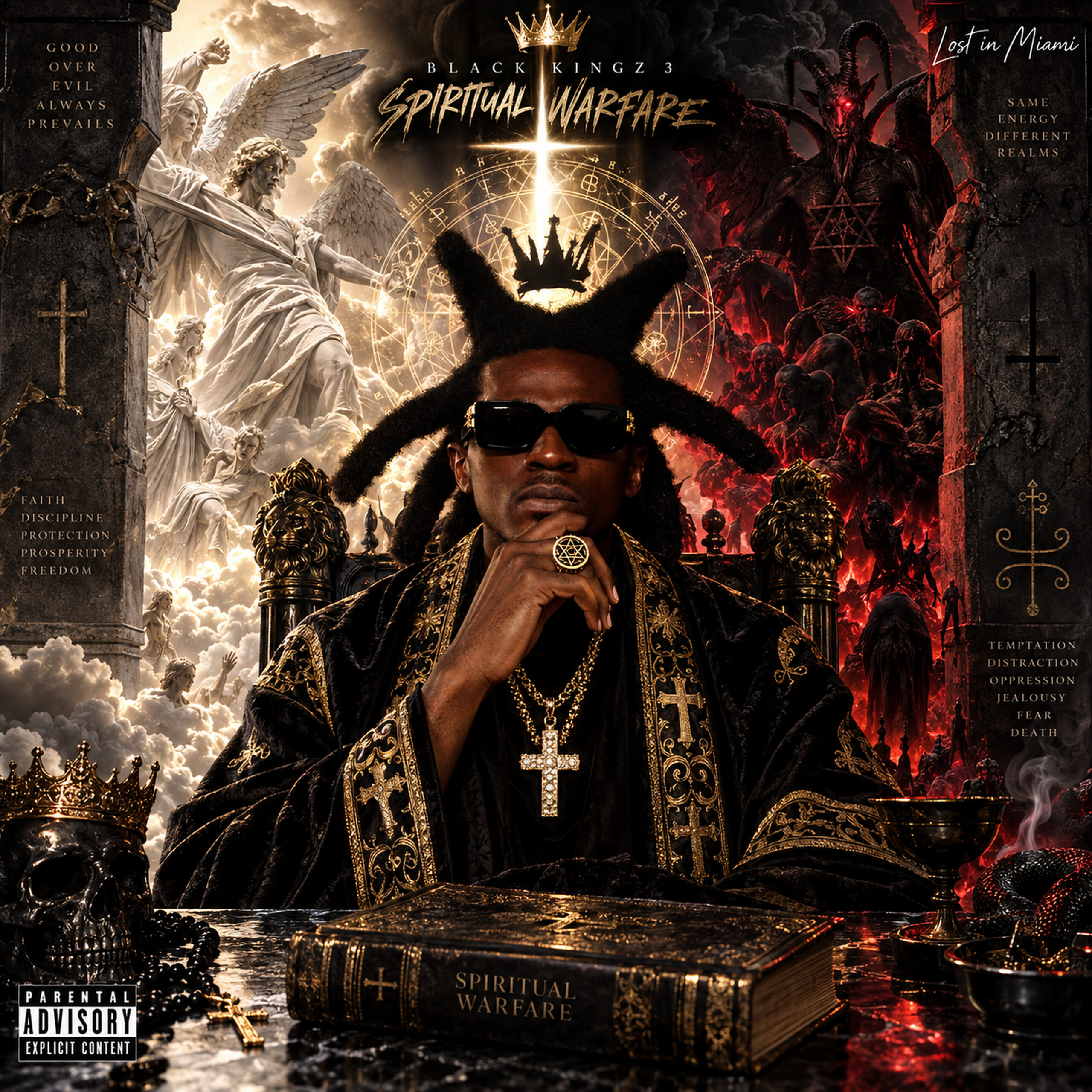 Black Kingz 3: Spiritual Warfare re-release album cover with black sunglasses, royal attire and angel-and-demon imagery