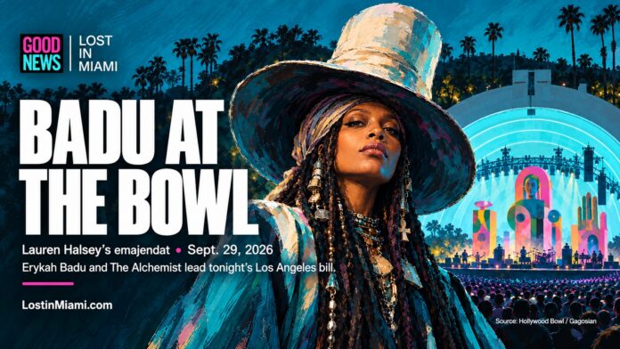 Editorial illustration of Erykah Badu with the Hollywood Bowl shell and colorful sculptural forms.