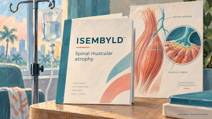 Painted infusion stand and Isembyld information folder beside an educational muscle-fiber illustration.