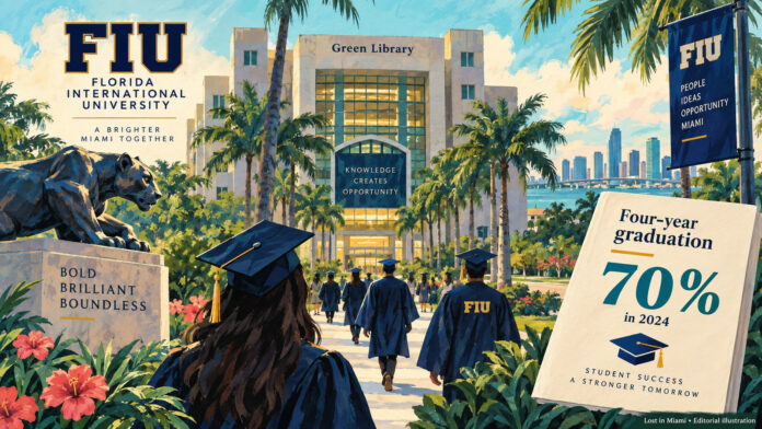 Painted FIU Green Library, palms and anonymous graduates beside a card showing a 70% four-year graduation rate in 2024.