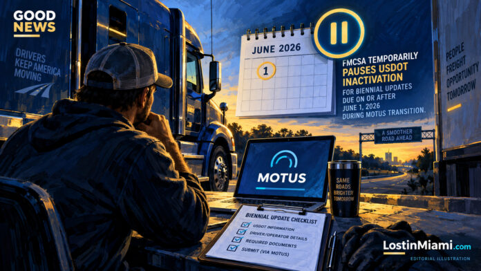 Anonymous truck operator checking Motus registration beside a parked tractor-trailer and deadline calendar.