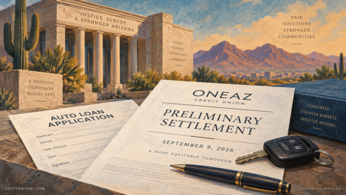 Painted Arizona legal still life with a OneAZ preliminary-settlement document, auto-loan form, key and pen; no litigants depicted.