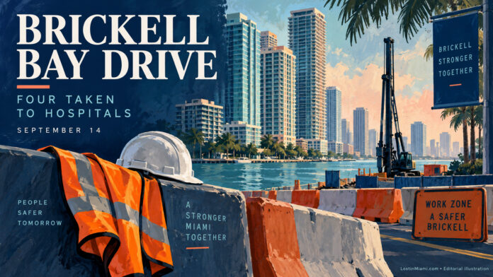 Symbolic painted view of Brickell Bay Drive with safety barriers and construction equipment; not a depiction of the collapse.