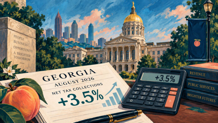 Painted Georgia State Capitol with an August 2026 tax ledger and a calculator showing 3.5%.