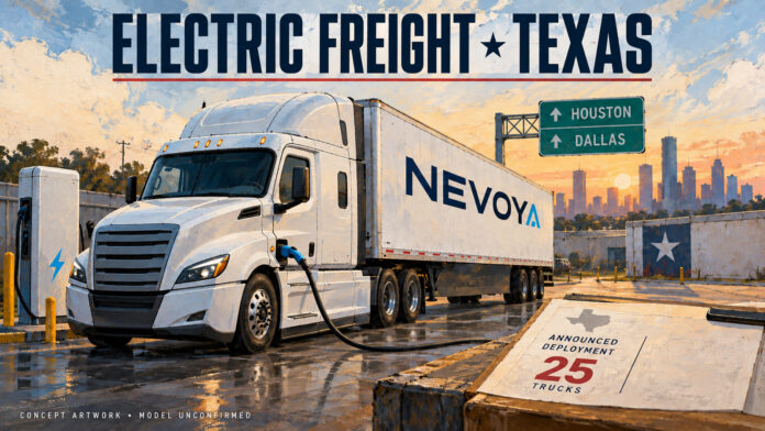 Painted concept of a Nevoya electric truck at a charging yard with Houston and Dallas road signage.
