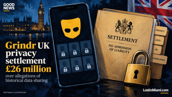 Illustrated Grindr phone beside a locked legal folder labeled settlement and no admission of liability.