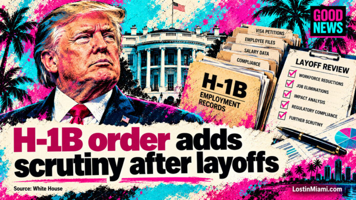 Painted Donald Trump portrait with the White House, H-1B employment files and a layoff-review checklist.