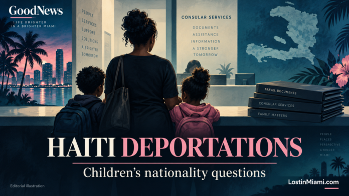 Editorial illustration of an anonymous parent and two children at a consular counter, with travel documents and a Haiti map.