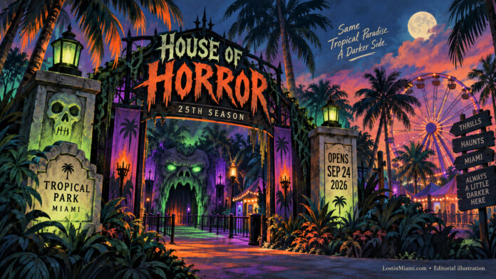 Conceptual painted House of Horror entrance and carnival wheel among Tropical Park palms, labeled opening September 24.