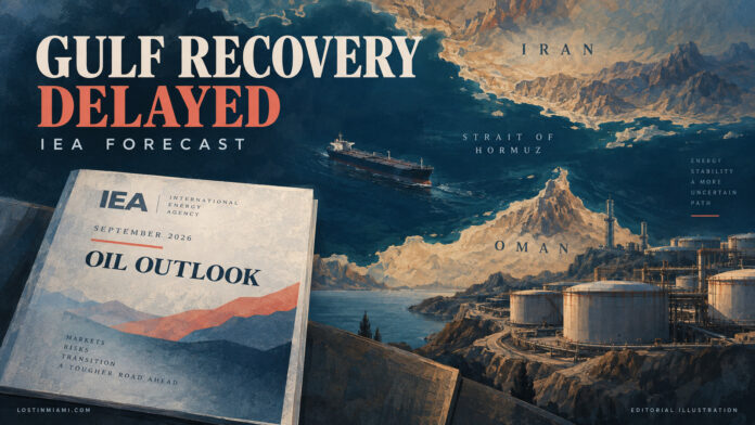 Painted editorial illustration of the Strait of Hormuz, Iran and Oman, with a tanker and an IEA September oil-outlook report.