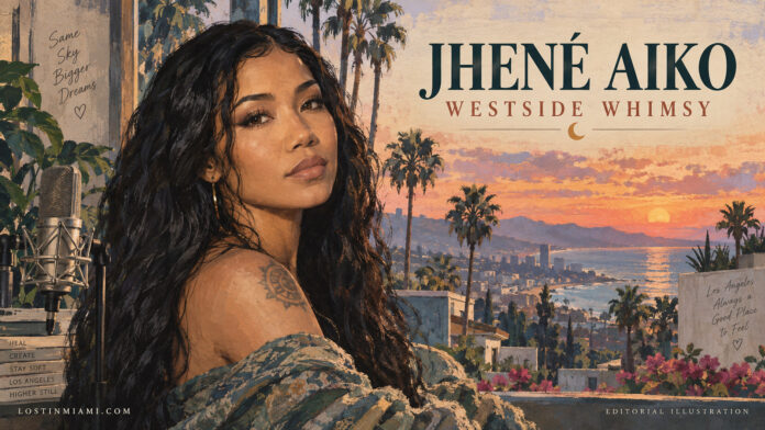 Original painted portrait of Jhené Aiko against Los Angeles palms and a Pacific sunset, illustrating Westside Whimsy.