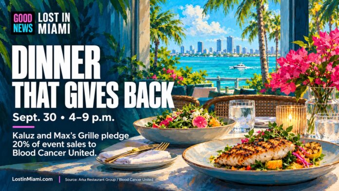 Illustrated South Florida dinner table with fish, salad and tropical surroundings, representing the Kaluz and Max’s Grille fundraiser.