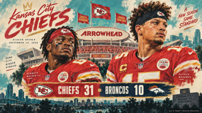 Painted portraits of Kenneth Walker III and Patrick Mahomes above Arrowhead Stadium and the Chiefs’ 31–10 score.