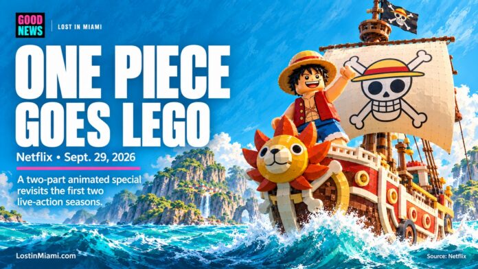 Original editorial illustration of a LEGO-style pirate hero aboard a brick-built ship, distinct from official Netflix artwork.