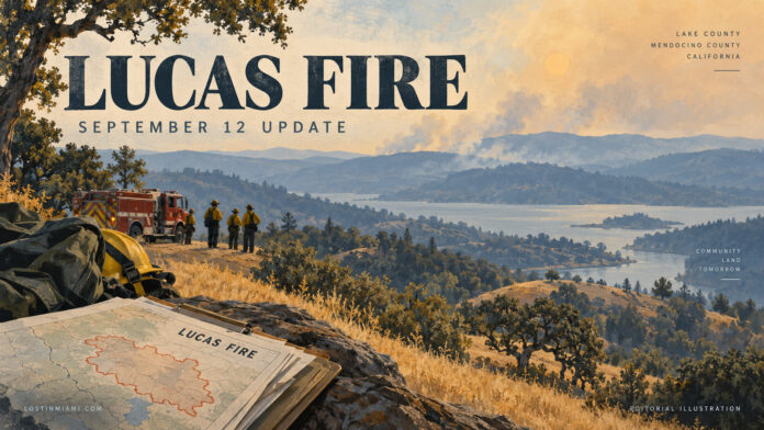 Nonphotorealistic editorial painting of Northern California oak-covered hills, smoke haze and an anonymous distant fire crew.