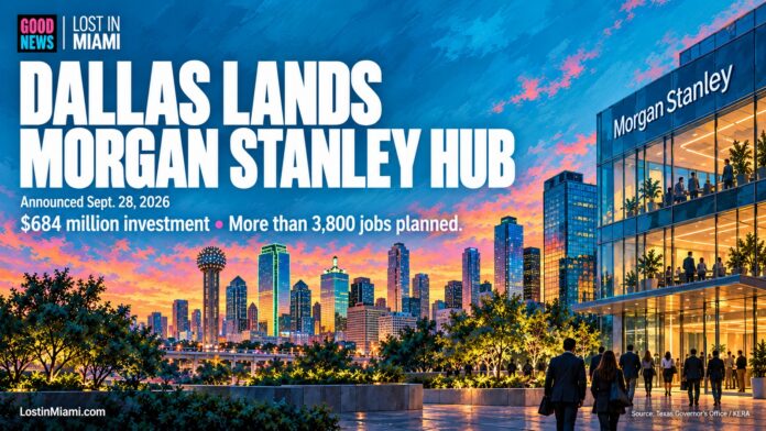 Conceptual painted illustration of Dallas’ skyline and a Morgan Stanley office facade, without depicting a confirmed new building design.