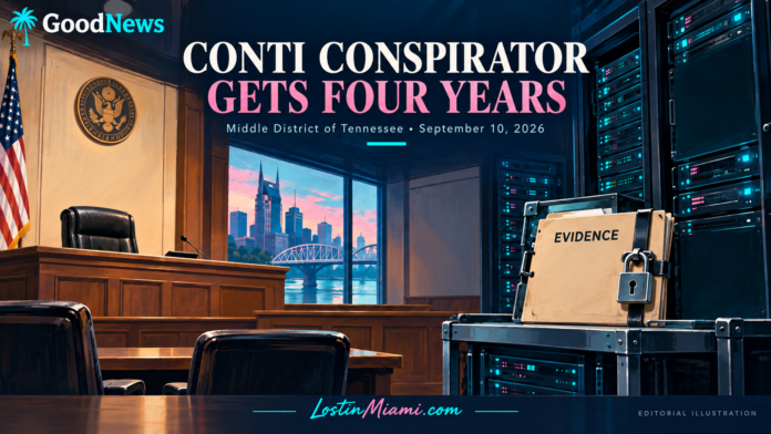 Editorial illustration of an empty courtroom with a four-year Conti conspiracy sentencing headline.