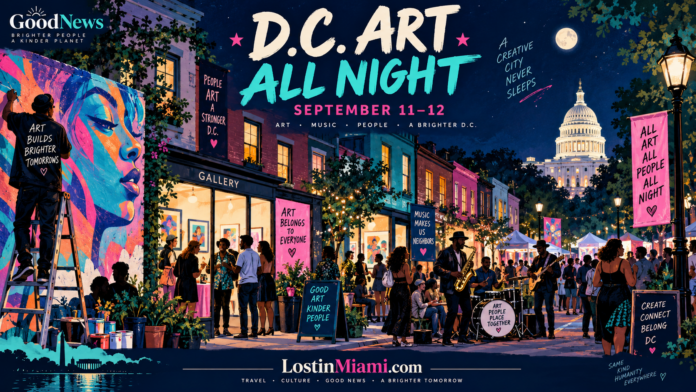 Painted Washington street scene with galleries, visitors, and Art All Night signage.