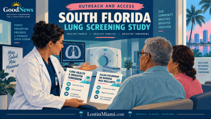 Illustrated clinician explaining bilingual lung-screening information to patients.