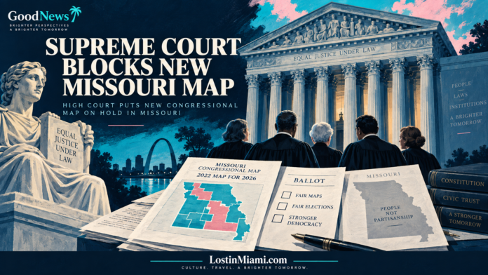 Editorial illustration of the Supreme Court with a symbolic electoral map and ballot.